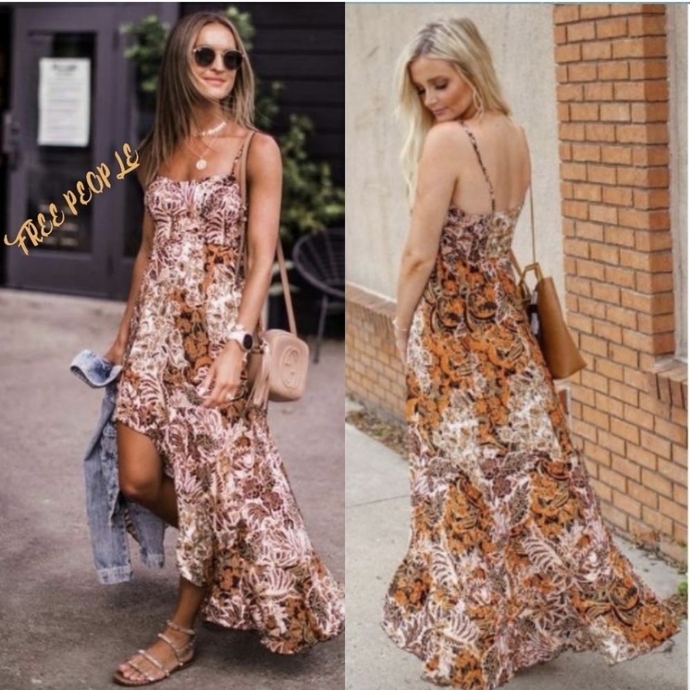 Free People forever yours smocked printed boho maxi slip dress xs small - Picture 1 of 13